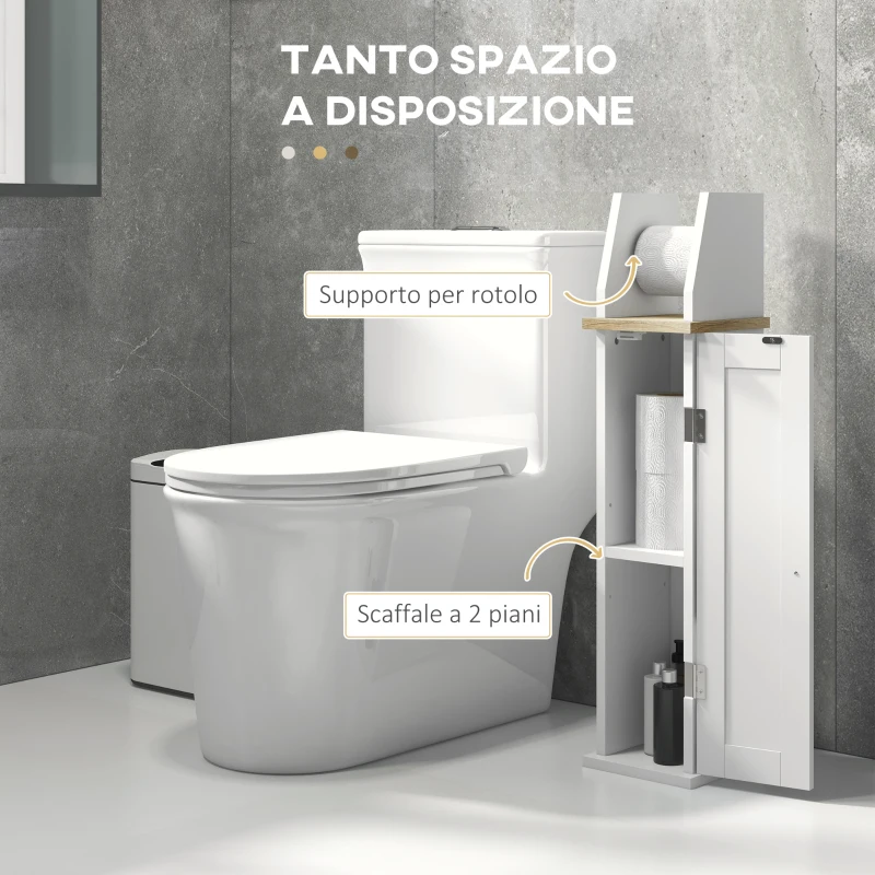 kleankin Mobile Bagno Porta Carta Igienica Salvaspazio con Armadietto e Mensola Regolabile, 18x20x80 cm, Bianco