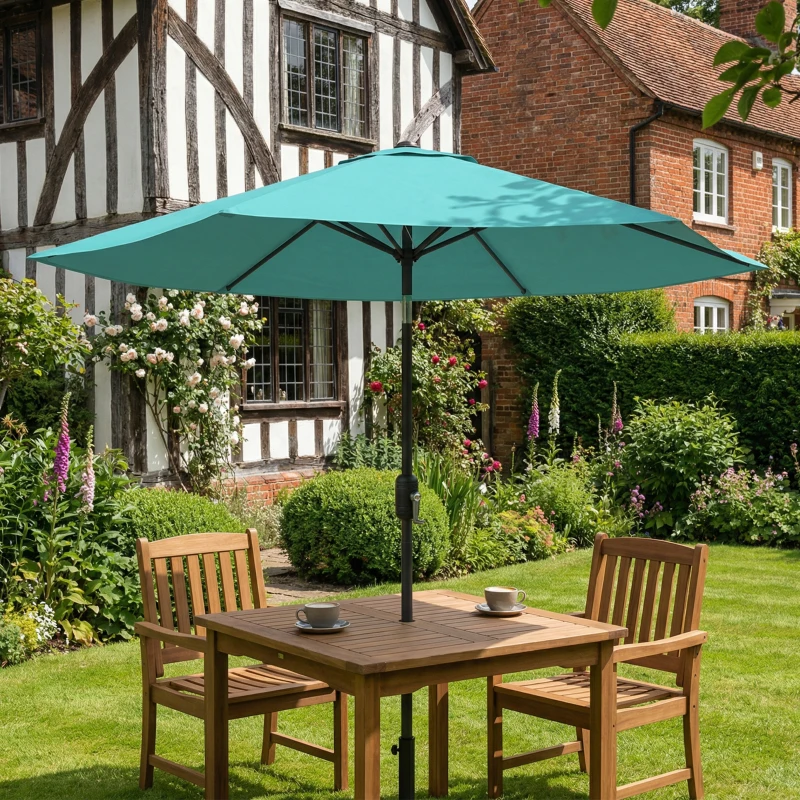 Outsunny 2.6 m Garden Parasol Umbrella with Aluminium Pole, Outdoor Patio Umbrella with Tilt and Crank, Vent, Turquoise