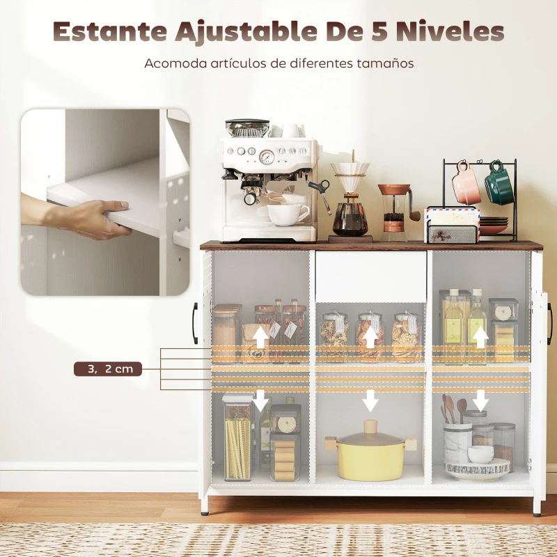 HOMCOM Aparador para Salón con 2 Puertas con Orificios Cajón Compartimentos Abiertos Estantes Ajustables 100x40x80 cm Blanco