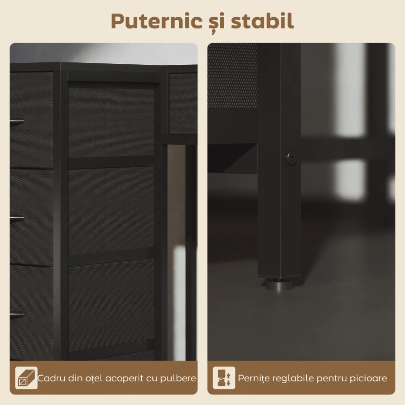 HOMCOM Birou de Colț cu 6 Sertare, cu Cârlig Lateral și Prize Integrate, din Lemn și Oțel, 126x48x80 cm, Negru