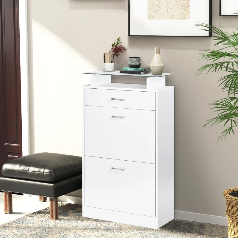 HOMCOM Dulap pentru pantofi din lemn cu 2 uși, 2 niveluri, sertar și raft din sticlă, 60x24x105.5 cm, alb