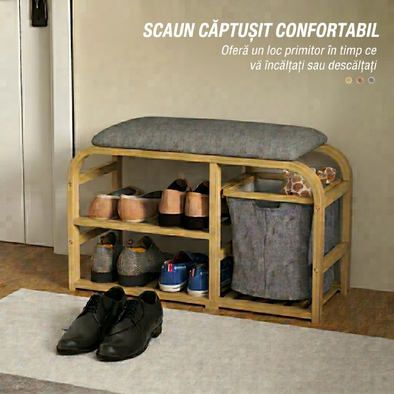 HOMCOM Bancă Pantofar pentru Hol cu Șezut Tapițat, Design cu Șipci și Coș Detasabil, 70x30x45 cm, Lemn