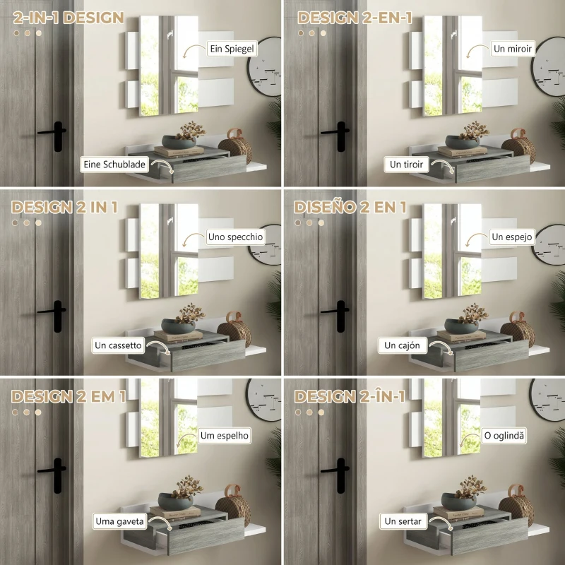 HOMCOM Dulap de Hol 2 în 1 cu Oglindă de Perete 75x3,5x75 cm și Sertar 75x30,5x20 cm, Gri și Alb(m-7)