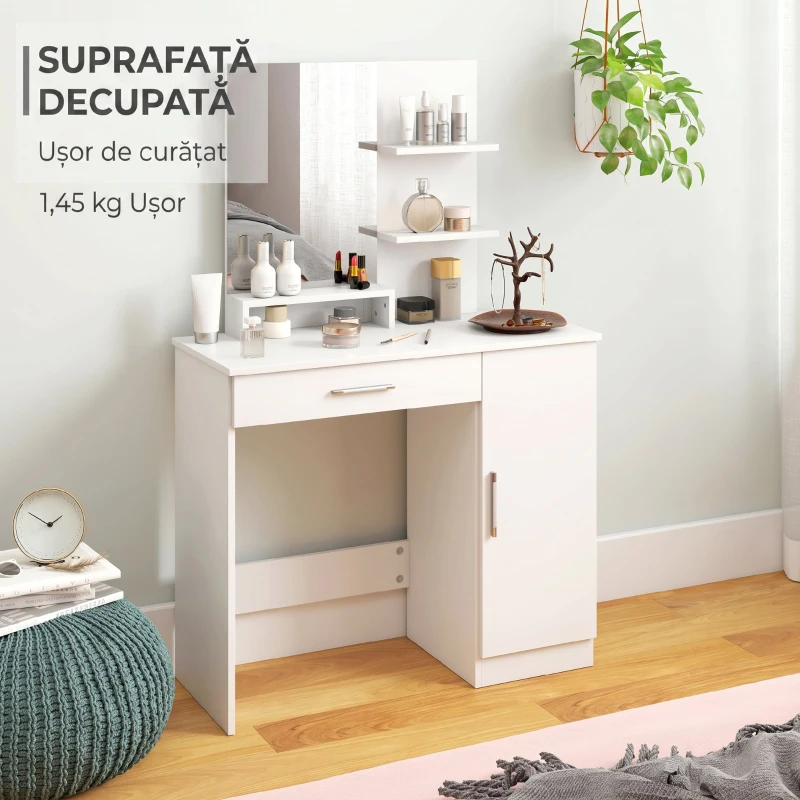 HOMCOM Masuță de Toaletă cu Dulap, Sertar, Oglindă pentru Machiaj și Rafturi Deschise, 90x38x138 cm, Alb