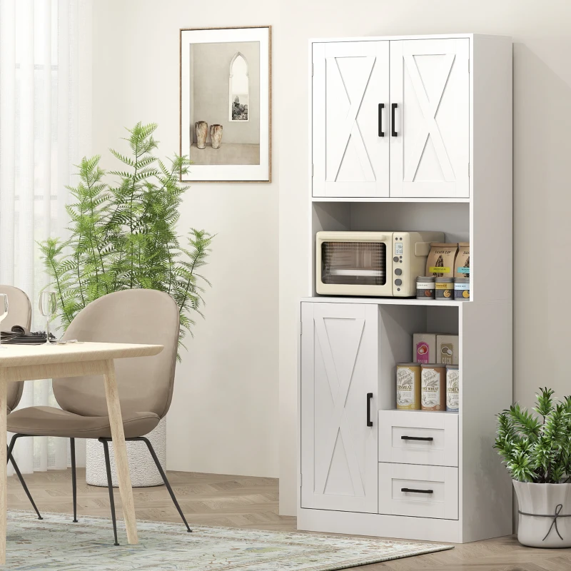 HOMCOM Armario de Cocina con Puertas Compartimentos Abiertos Cajones y Estantes Ajustables 70x40x180 cm Blanco