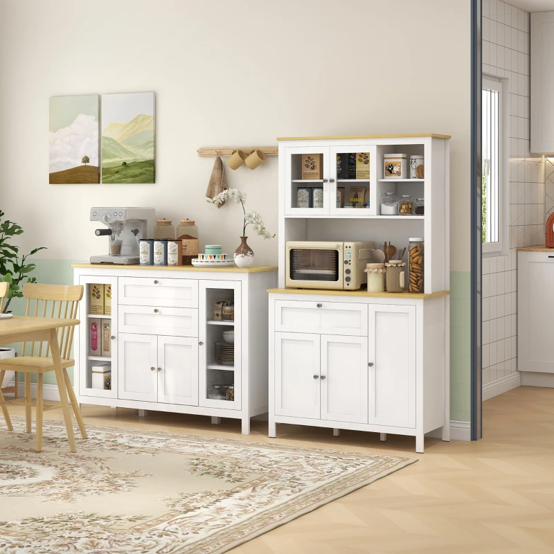 HOMCOM Mobile Cucina con 2 Cassetti e 3 Armadietti, Ante in Vetro e Ripiani Regolabili, 120x40x90 cm, Bianco e Rovere