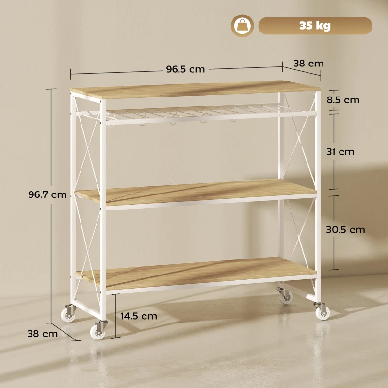 HOMCOM Cărucior de servire cu 4 niveluri, suport pentru sticle și 5 cârlige detașabile, din lemn și metal, 96.5x38x96.7 cm