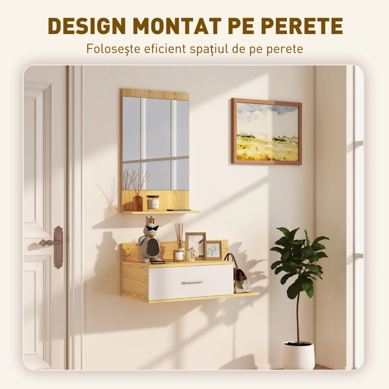 HOMCOM Set de Mobilier pentru Hol cu Oglindă, Sertar și Rafturi, Lemn Natural