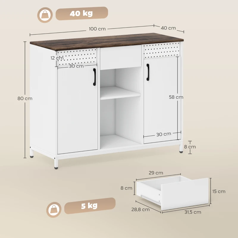 HOMCOM Aparador para Salón con 2 Puertas con Orificios Cajón Compartimentos Abiertos Estantes Ajustables 100x40x80 cm Blanco