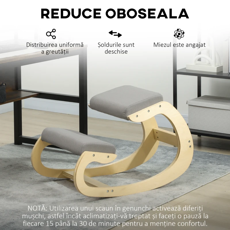 HOMCOM Scaun ergonomic cu suport pentru genunchi și spătar înclinabil, din țesătură cu aspect de in și lemn, 55x85x55 cm, gri deschis