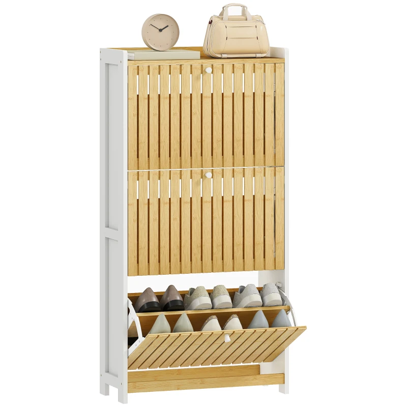 HOMCOM Meuble à chaussures 18 paires avec 3 tiroirs rabattables, portes en bambou à lattes, 60x24x118cm, blanc et bois naturel