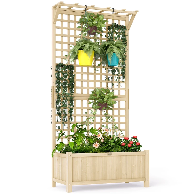 Outsunny Jardinieră cu Găuri de Drenaj, Ghiveci din Lemn cu Spalier pentru Plante Cățărătoare, Flori, Natural