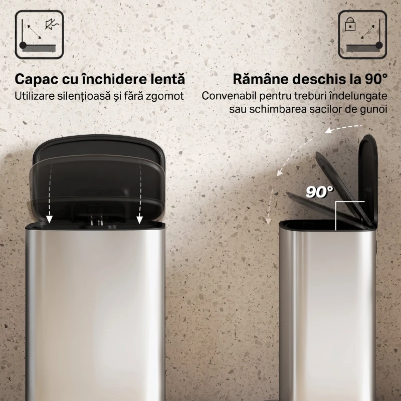 HOMCOM Pubelă de Bucătărie cu Pedală 50L, Capac cu Închidere Lentă, Deschidere la 90° și Recipient Detașabil, Oțel Inoxidabil, Gri