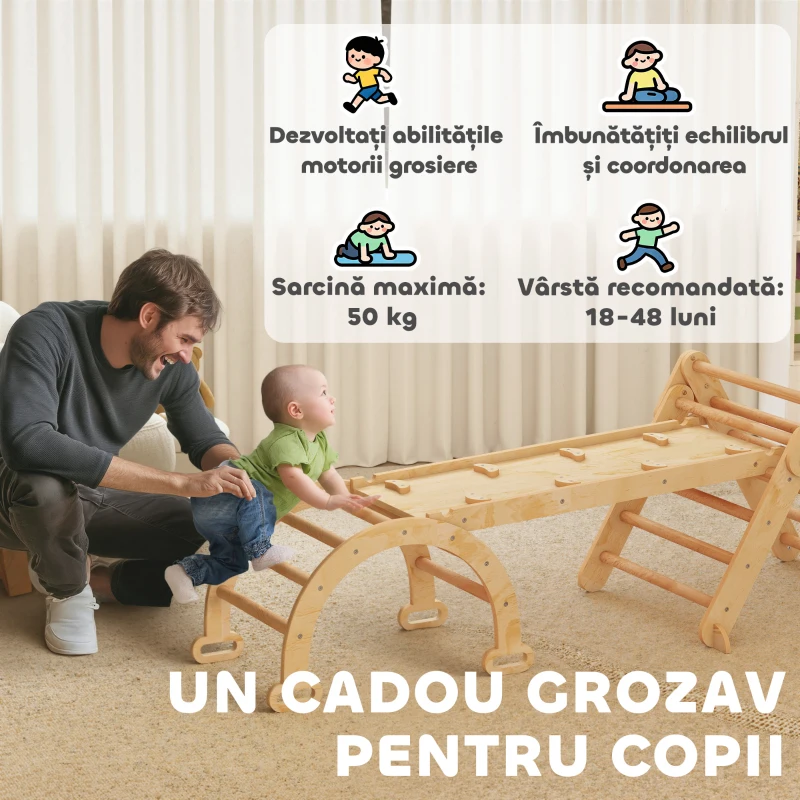 AIYAPLAY Joc pentru Copii 5 în 1 cu Triunghi, Perete Neted și Arc, din Lemn de Plop și Pin, 188x70x59 cm