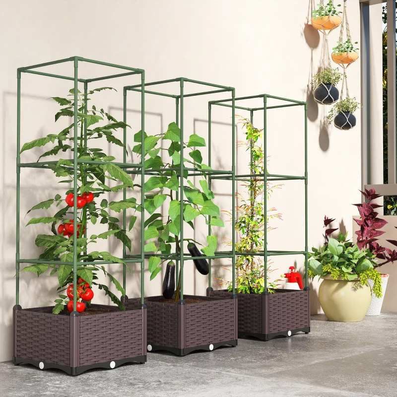 Outsunny Hochbeet mit Rankgitter 3er Set Pflanzkasten Blumenkasten mit Abflusslöchern