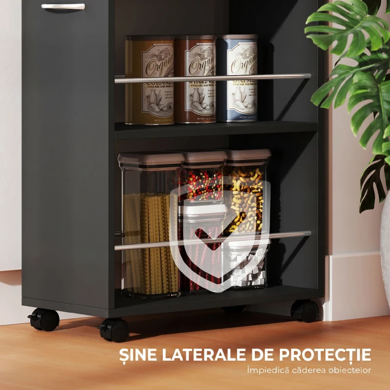 HOMCOM Cărucior de Bucătărie cu 2 Rafturi Deschise, Sertar și Balustrade, Lemn și Oțel Inoxidabil, 25x50x85 cm, Negru