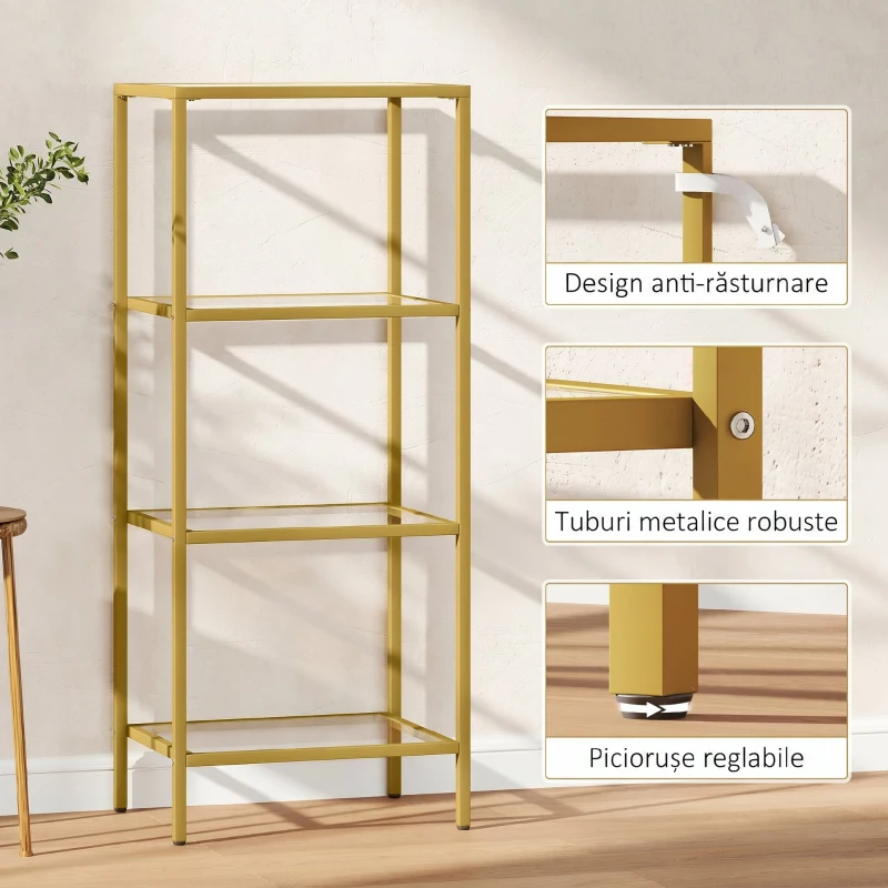 HOMCOM Raft cu 4 Niveluri Minimal din Metal și Sticlă Temperată, 40x30x96,5 cm, culoare Aurie