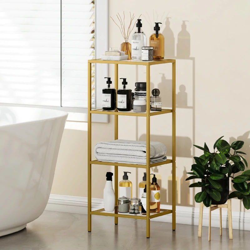 HOMCOM Raft cu 4 Niveluri Minimal din Metal și Sticlă Temperată, 40x30x96,5 cm, culoare Aurie
