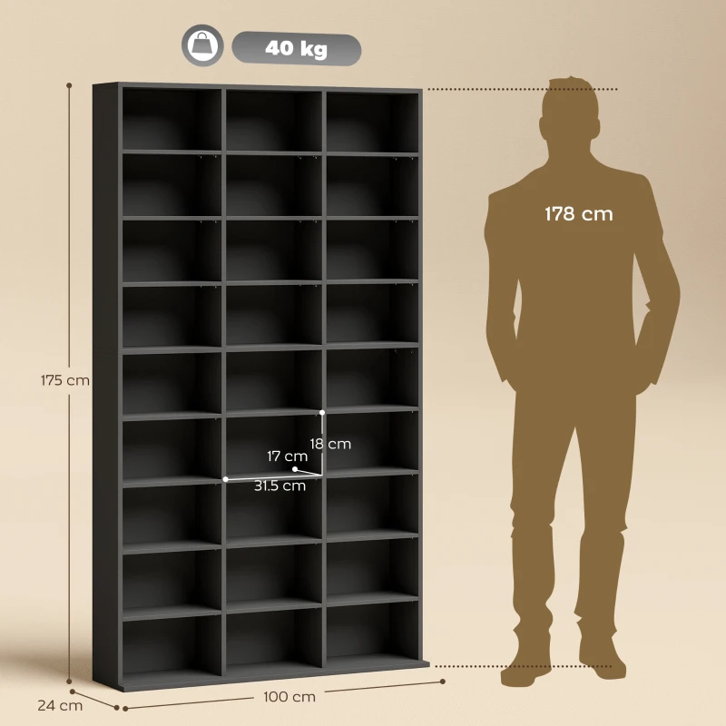 HOMCOM Mobile Porta CD a 9 Ripiani con 21 Ripiani, Scaffale Porta 835 CD/500 DVD/640 Blu-ray Salvaspazio, 100x24x175 cm, Nero