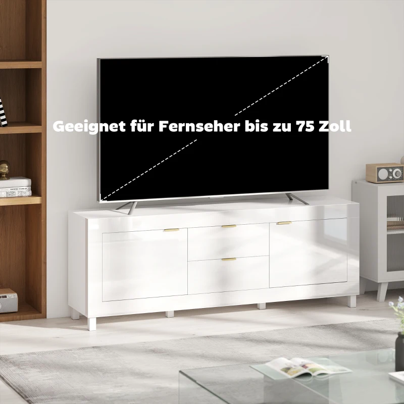 HOMCOM TV-Schrank für Fernseher bis zu 75 Zoll, modernes Entertainment-Center mit 2 Schränken und 2 Schubladen, Hochglanz Weiß