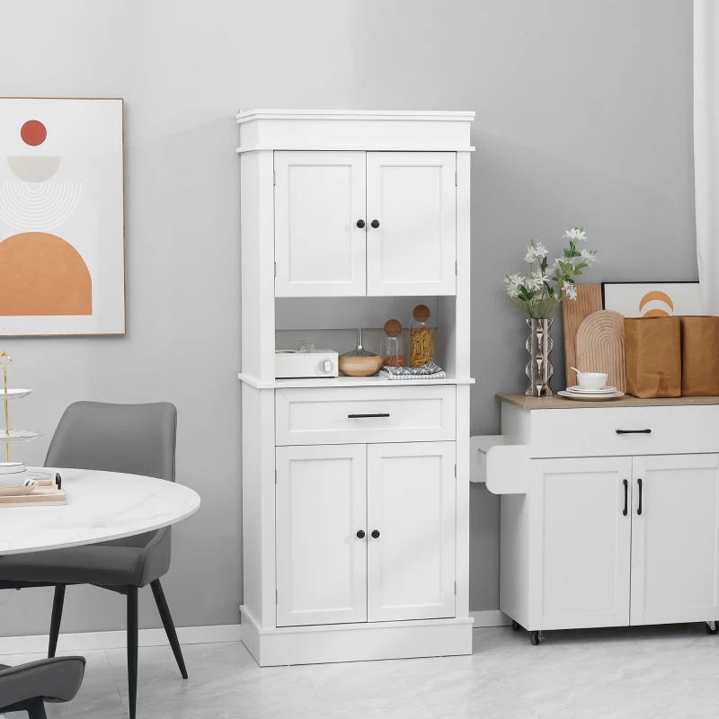 HOMCOM Armário de Cozinha com 4 Portas 1 Gaveta e Prateleira Aberta para Sala de Estar Sala de Jantar 74x39,5x183cm Branco