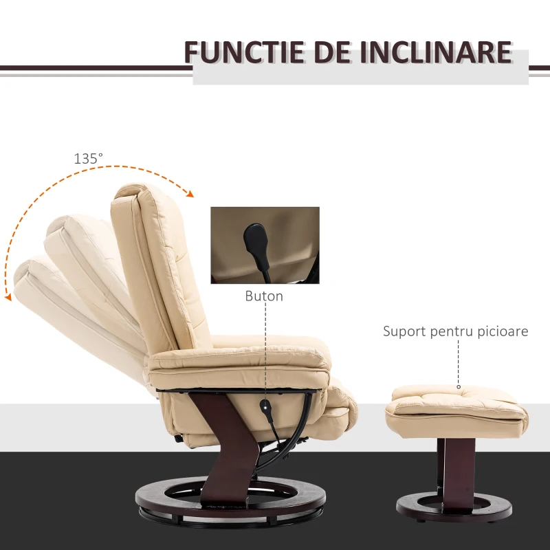 HOMCOM Set Fotoliu Relax și Pouf pentru Picioare, Rotativ la 360° si Reclinabil, Imitatie de piele PU cu Suport pentru Cap si Brate, Bej