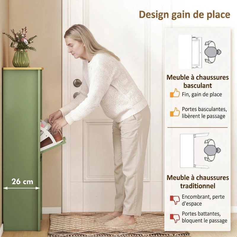 HOMCOM Meuble à Chaussures 18 Paires, Armoire à Chaussures à Haute Brillance, 3 Tiroirs Rabattables, Étagères Réglables, Vert