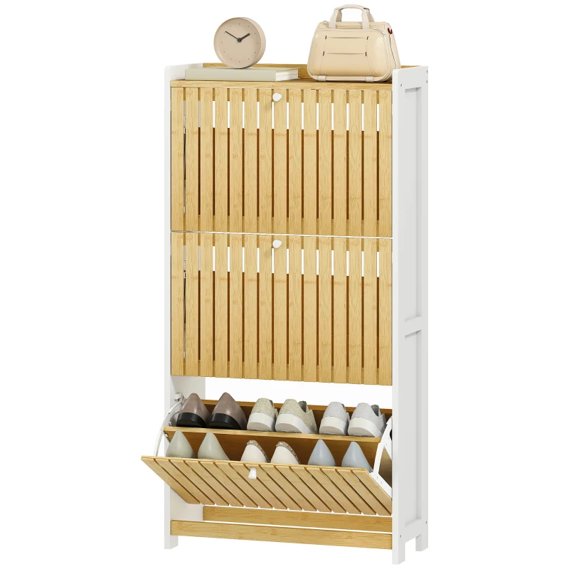 HOMCOM Meuble à chaussures 18 paires avec 3 tiroirs rabattables, portes en bambou à lattes, 60x24x118cm, blanc et bois naturel