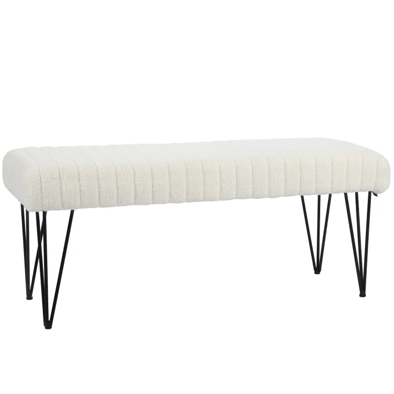 HOMCOM Banc bout de lit banquette en tissu bouclette blanc avec pieds épingle en métal noir 118,5l x 46P x 49,5H cm crème