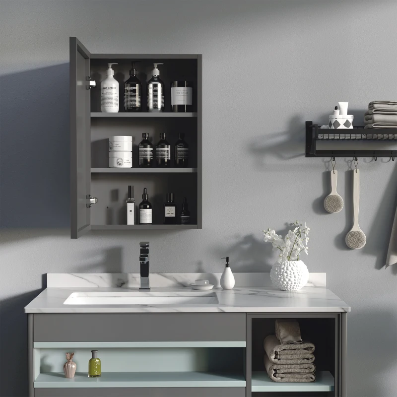 kleankin Spiegelschrank, 3 Regalfächer, weiche Scharniere, Stahlgehäuse, schwarz, 40 x 15 x 60 cm
