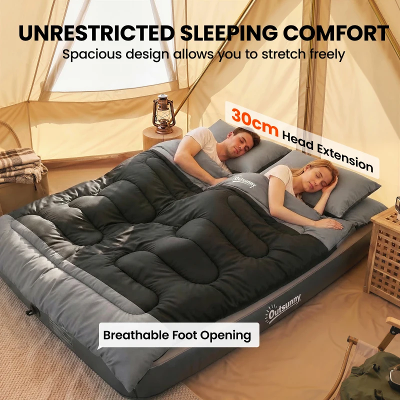 Outsunny Double Sleeping Bag with 2 Pillows, 220 x 160 cm Extra-Large Sleeping Bag for Adults, Black and Grey