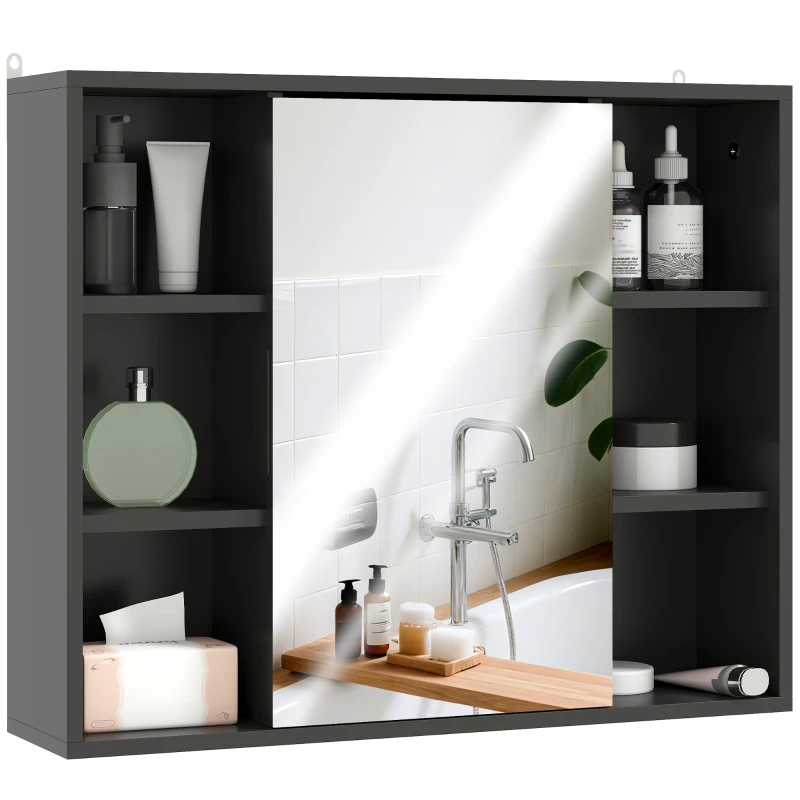 HOMCOM Dulap cu Oglindă pentru Baie, 3 Rafturi Laterale, Raft Reglabil, MDF și PAL, 60x14,5x49,4 cm, Negru și Lemn Natur