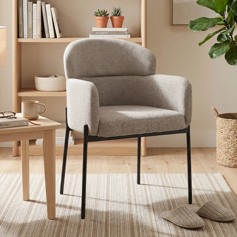 HOMCOM Fauteuil Salon, Fauteuil d'Appoint Rembourré en Chenille avec Dossier Courbé et Accoudoirs, Pieds en Métal, Marron Clair
