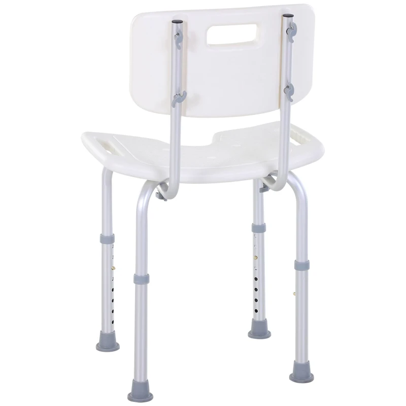 HOMCOM Scaun de Duș Reglabil pe 8 Niveluri cu Orificii de Drenaj, din Aluminiu și PE, 48x42x71-83,5 cm, Alb și Argintiu