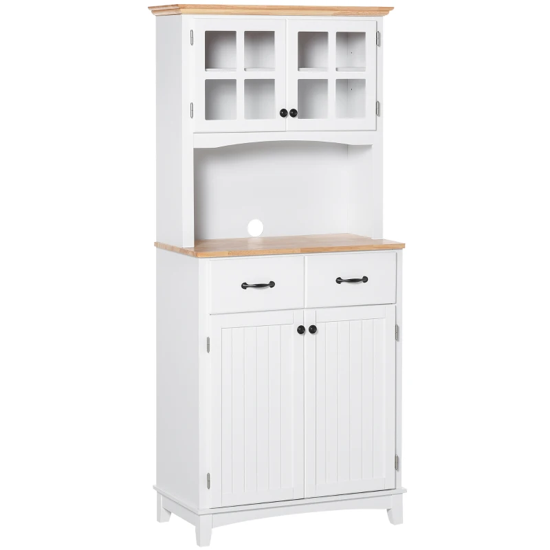 HOMCOM Küchenschrank, Hochschrank mit Glastüren, 2 Schubladen, Küchenbuffet mit verstellbaren Ablagen, Kommode, MDF, Gummiholz, 74 x 40 x 172 cm