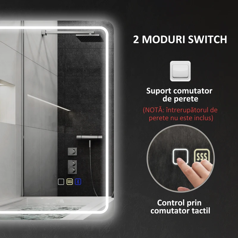 HOMCOM Oglindă de baie LED cu Bluetooth, iluminare reglabilă și funcție de memorie, din sticlă securizată, 70x50x3,5 cm