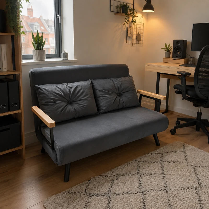 HOMCOM Slaapbank, bedbank, inclusief 2 kussens, fluweelachtige uitstraling, natuurlijk + grijs(m-7)