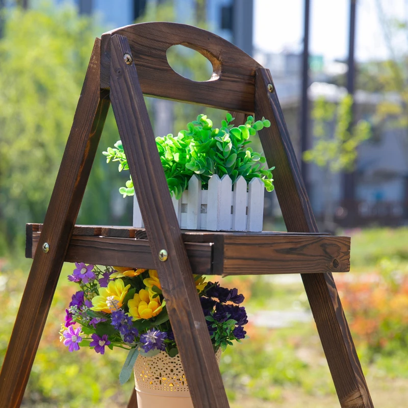 Outsunny Scaffale Porta Vasi a Piramide, Piedistallo per Piante/Fiori, con 3 Ripiani, 86x28x100cm Marrone