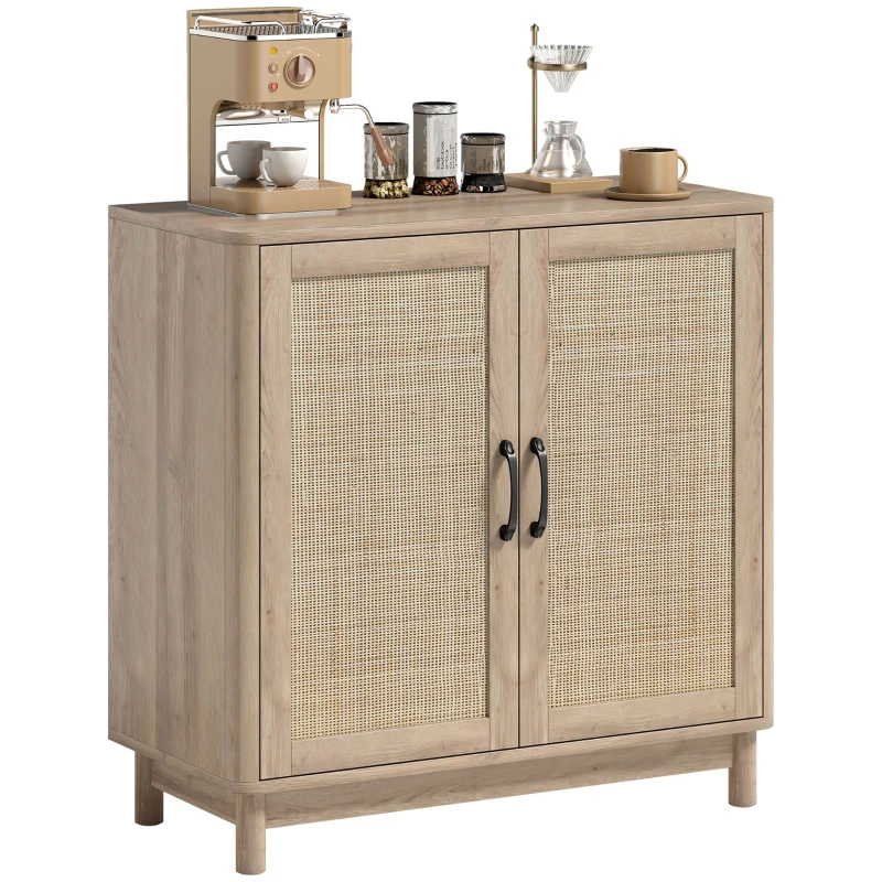 HOMCOM Buffet salon, meuble de rangement avec 2 portes en rotin, étagère réglable et bords arrondis, 76 x 35 x 75,5 cm, chêne