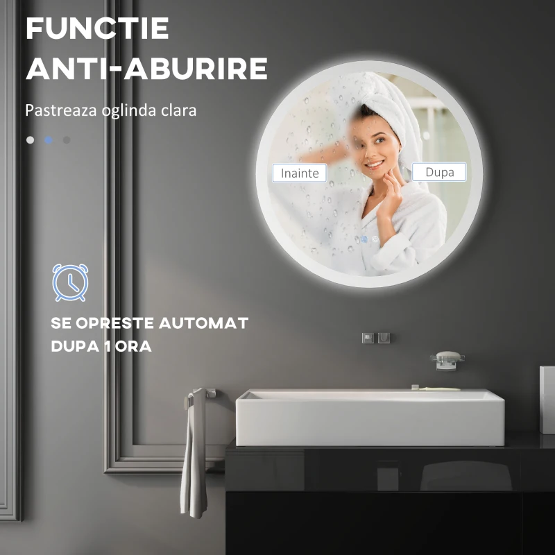 kleankin Oglindă Baie LED Anti-aburire cu 3 Culori și Luminozitate Reglabilă, din Metal și Sticlă, Ø70x3 cm