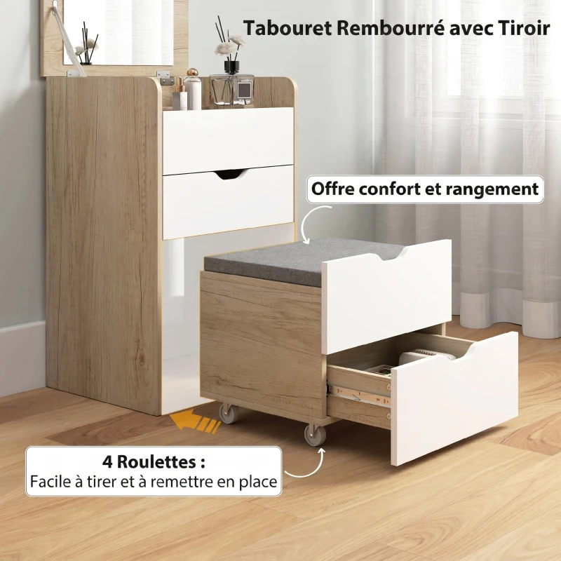 HOMCOM Coiffeuse avec miroir rabattable et tabouret de rangement, table de maquillage, 2 tiroirs, siège rembourré, chêne blanc