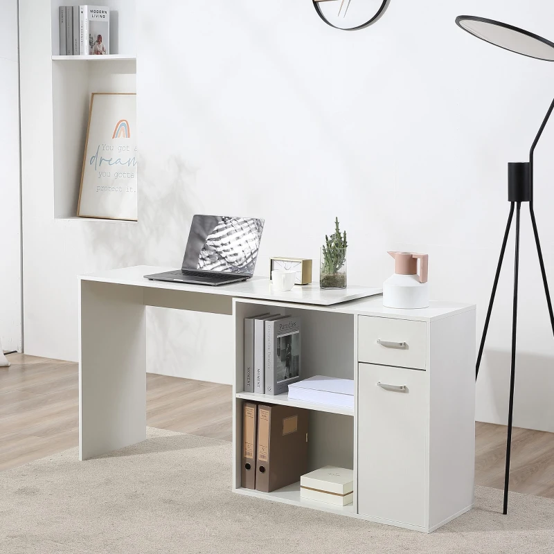 HOMCOM Bureau d'angle rotatif à 180°, bureau d'ordinateur, bibliothèque, tiroir, placard, poste de travail, 117x82x74cm, blanc