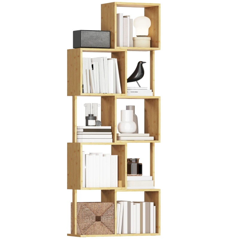 HOMCOM Bibliotecă Modernă Asimetrică cu 5 Rafturi din Bambus, 62,5 x 23 x 165 cm, Culoare Lemn Natural