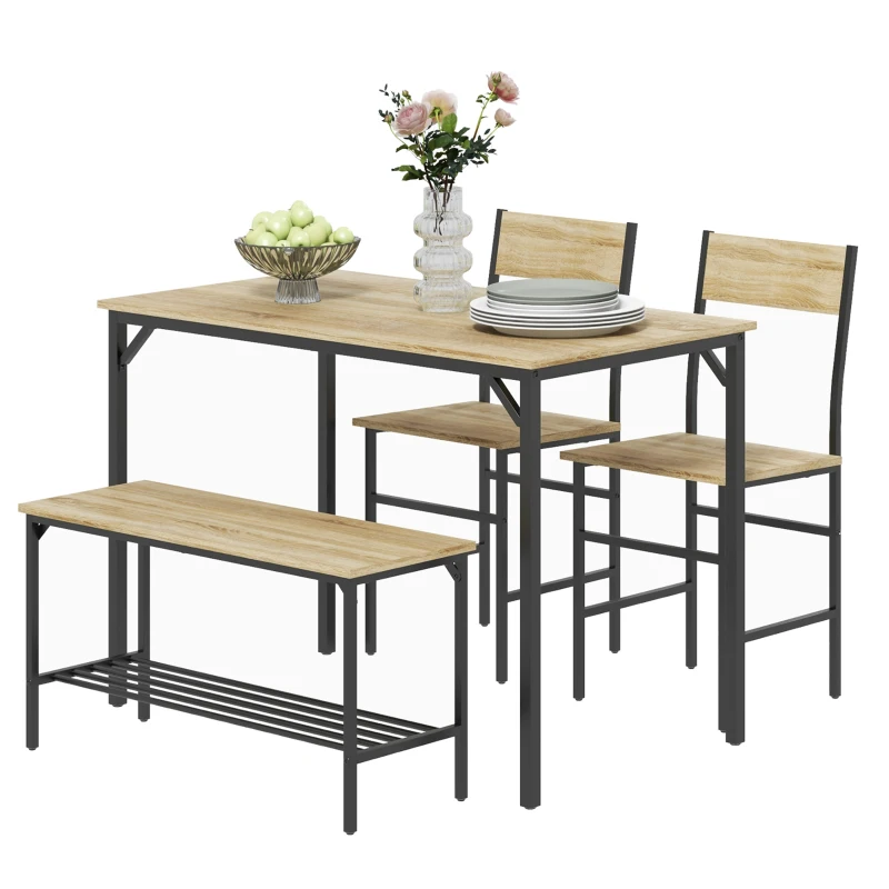 HOMCOM Square Dining Set for 4 Persons, Table, Chairs and Bench Included, Natural Wood Effect