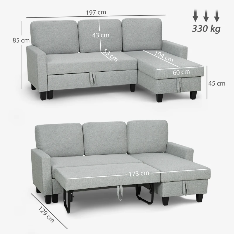 HOMCOM Canapea extensibilă cu 3 locuri, șezlong și spațiu de depozitare, material textil cu efect de in, 197x129x85 cm, gri și negru