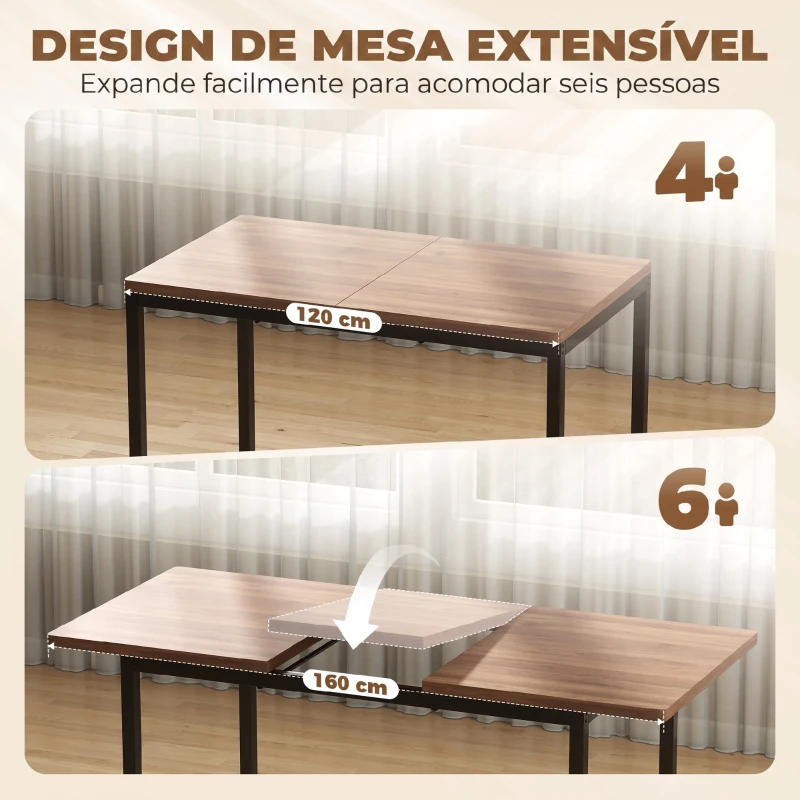 HOMCOM Conjunto de Mesa de Jantar Extensível 120-160 cm e 6 Cadeiras Empilháveis para 4-6 Pessoas Castanho Efeito Madeira