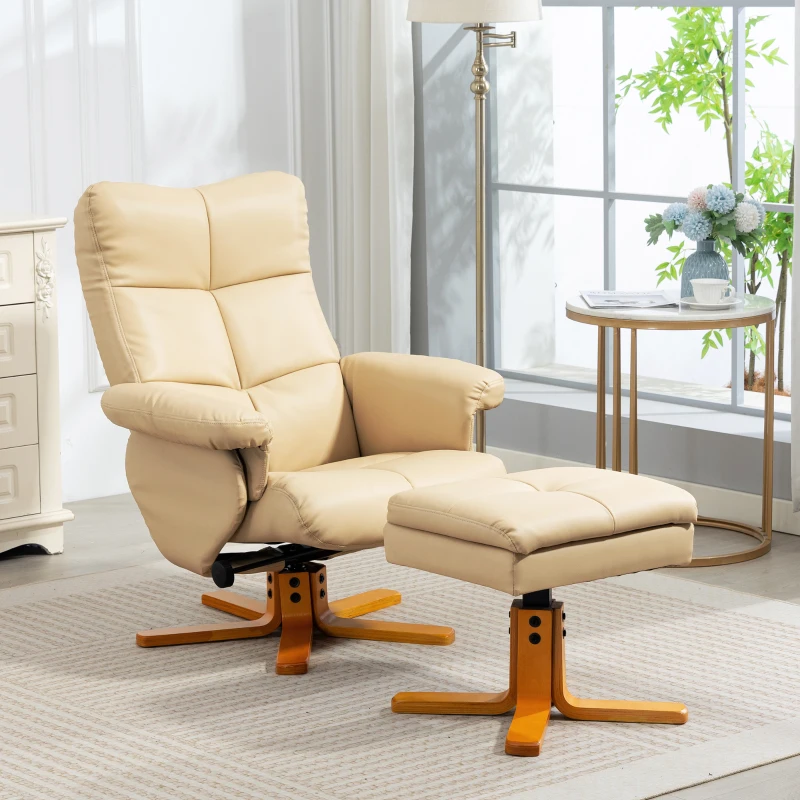 HOMCOM PU Leather Swivel Recliner Chair with Footstool, Wooden Base and Storage for Living Room, Beige