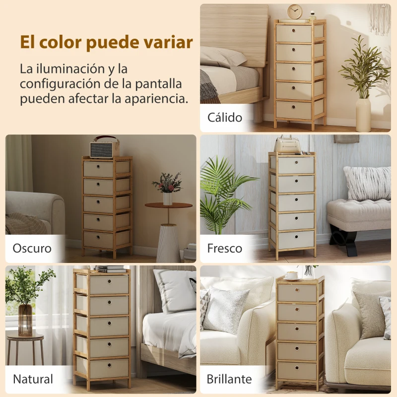 HOMCOM Cómoda con 5 Cajones de Tela Estructura de Bambú Cajonera para Espacios Pequeños Crema y Natural