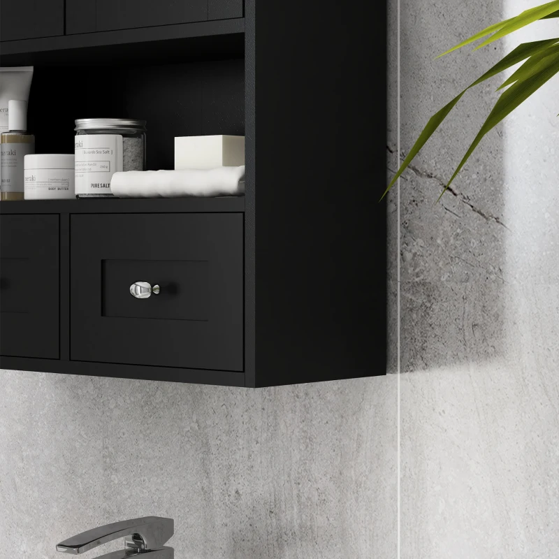 kleankin Armário de Parede para Casa de Banho com 2 Portas Prateleira Aberta e 2 Gavetas Estilo Moderno 50,8x17,8x66 cm Preto