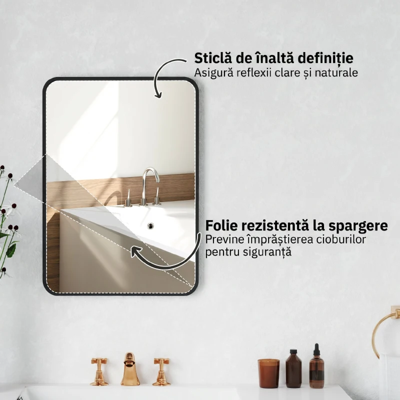 HOMCOM Oglindă de baie cu ramă metalică și agățătoare, 50x2.5x70 cm, negru